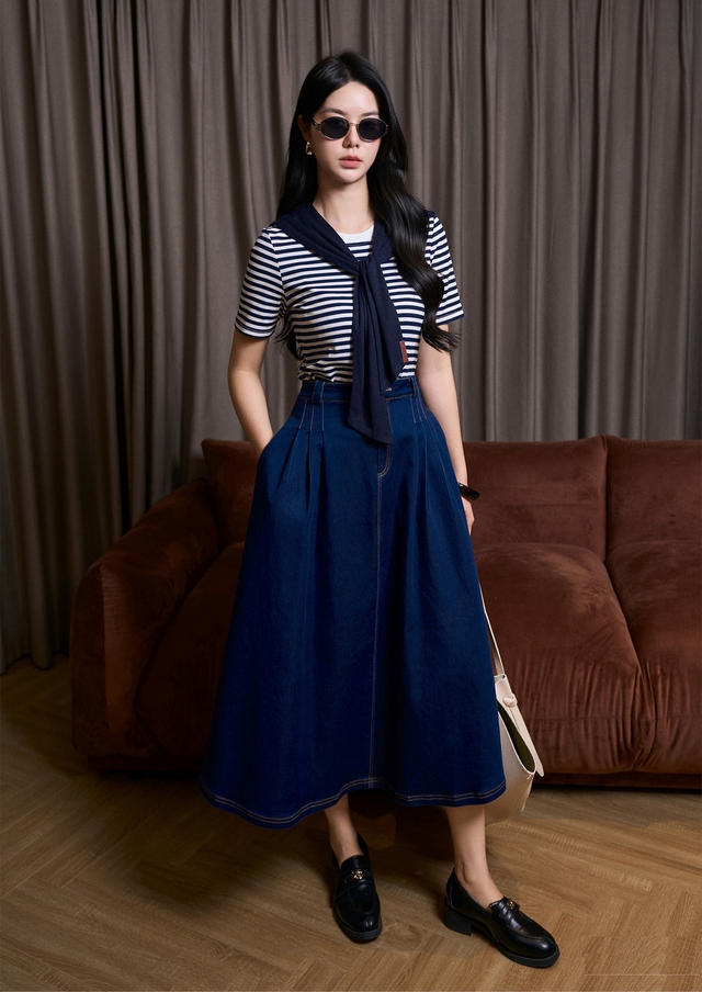 Phong cách năng động từ những chiếc váy denim công sở - Ảnh 5.