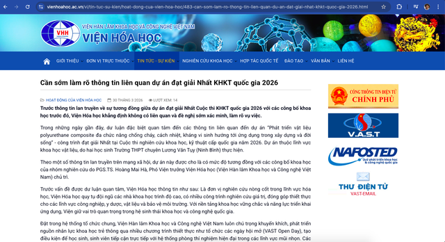 Viện H&oacute;a học: Sớm l&agrave;m r&otilde; th&ocirc;ng tin về dự &aacute;n đạt giải khoa học kỹ thuật-quốc-gia - Ảnh 2.