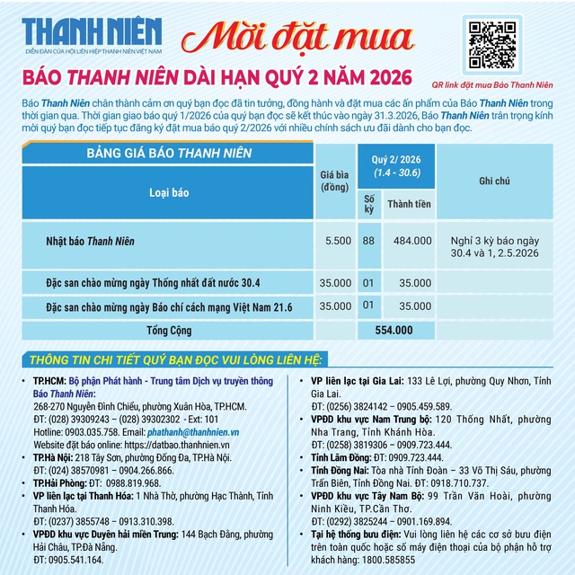Mời đặt mua B&aacute;o Thanh Ni&ecirc;n d&agrave;i hạn qu&yacute; 2 năm 2026 - Ảnh 1.