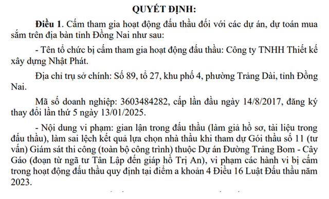 Đồng Nai: Cấm đấu thầu 4 năm với C&ocirc;ng ty Nhật Ph&aacute;t do gian lận - Ảnh 1.