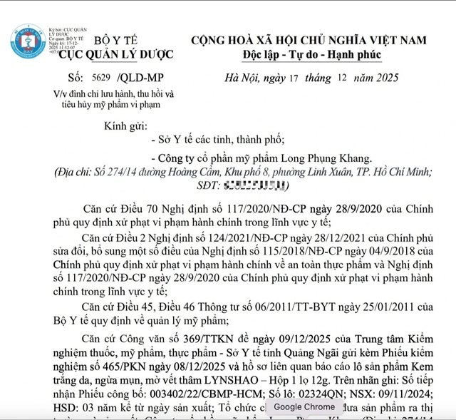 TP.HCM: Sản xuất mỹ phẩm chứa chất cấm, một c&ocirc;ng ty bị phạt nặng - Ảnh 1.
