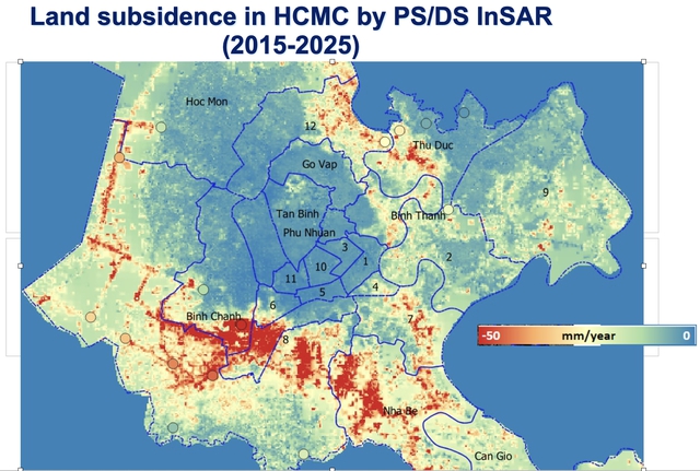 TP.HCM sụt l&uacute;n kh&ocirc;ng đều, c&oacute; nơi 5 cm/năm: Khu vực n&agrave;o 'đang ch&igrave;m' nhanh nhất? - Ảnh 1.