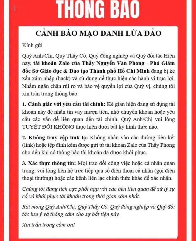 Ph&oacute; gi&aacute;m đốc Sở GD-ĐT TP.HCM bị hack Zalo ph&aacute;t t&aacute;n tin nhắn lừa đảo mượn tiền- Ảnh 1.