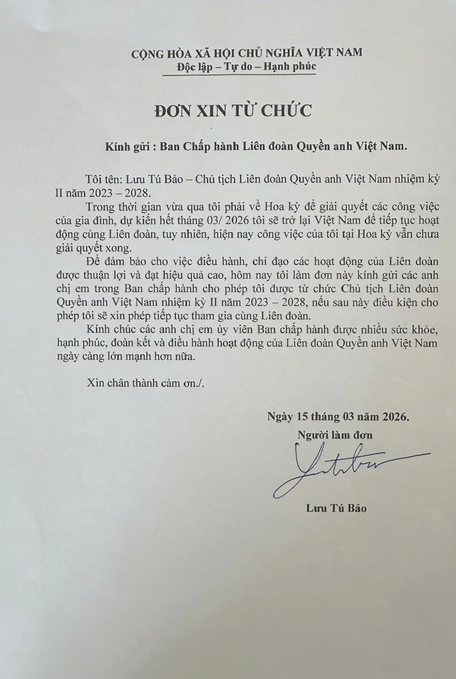 Ông Lưu Tú Bảo đột ngột gửi đơn xin từ chức Chủ tịch Liên đoàn Quyền anh Việt Nam - Ảnh 2. Ông Lưu Tú Bảo đột ngột gửi đơn xin từ chức Chủ tịch Liên đoàn Quyền anh Việt Nam - Ảnh 2.