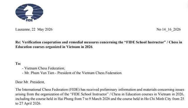 FIDE ‘tố’ Liên đoàn Cờ Việt Nam có dấu hiệu sai phạm tài chính: Cục TDTT Việt Nam yêu cầu nóng- Ảnh 1. FIDE ‘tố’ Liên đoàn Cờ Việt Nam có dấu hiệu sai phạm tài chính: Cục TDTT Việt Nam yêu cầu nóng- Ảnh 1.