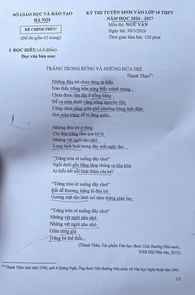 Thơ Thanh Thảo vào đề thi ngữ văn tuyển sinh lớp 10 của Hà Nội - Ảnh 1. Thơ Thanh Thảo vào đề thi ngữ văn tuyển sinh lớp 10 của Hà Nội - Ảnh 1.