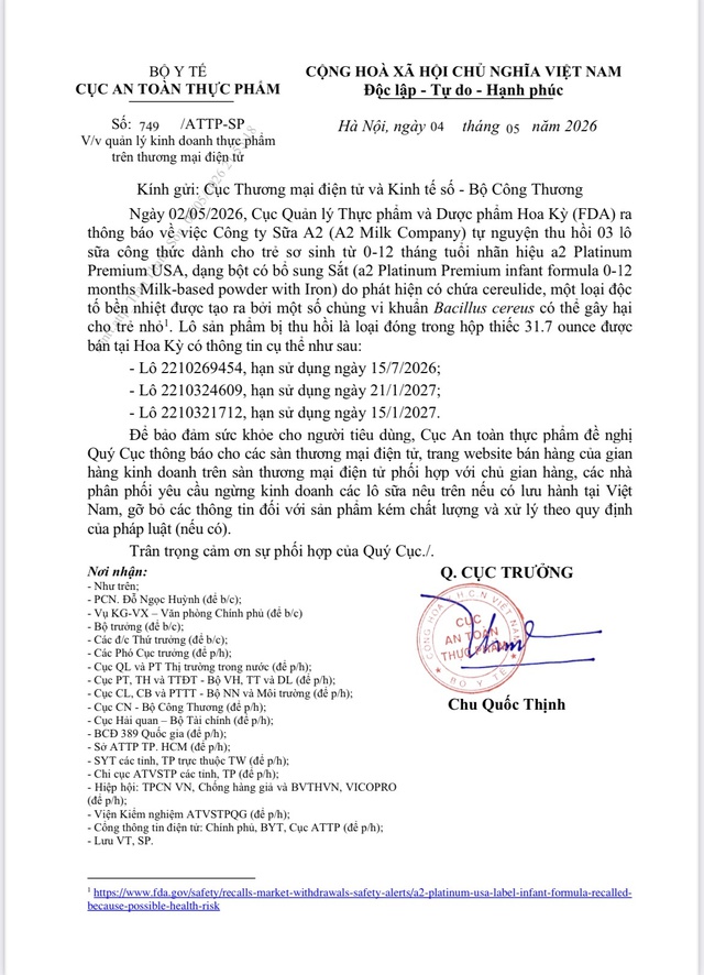 Thu hồi 3 l&ocirc; sữa cho trẻ nhỏ Platinum premium chứa độc tố- Ảnh 1.