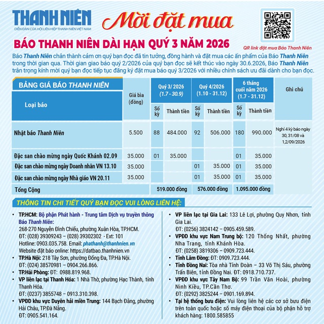 Mời đặt mua Báo Thanh Niên dài hạn quý 3 năm 2026- Ảnh 1. Mời đặt mua Báo Thanh Niên dài hạn quý 3 năm 2026- Ảnh 1.