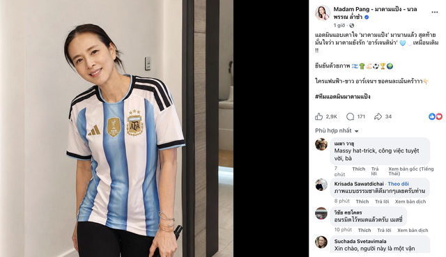 Madam Pang bắt trend Messi, &lsquo;khoe&rsquo; r&otilde; kh&eacute;o &aacute;o đấu Argentina phi&ecirc;n bản đặc biệt- Ảnh 1.
