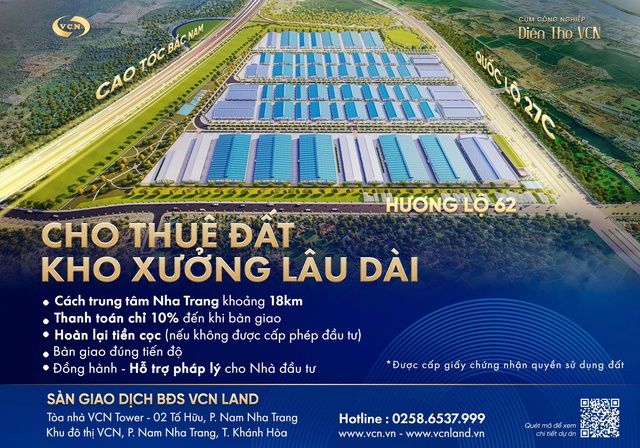 Kh&aacute;nh H&ograve;a: Cho thu&ecirc; đất kho xưởng l&acirc;u d&agrave;i tại cụm c&ocirc;ng nghiệp Di&ecirc;n Thọ VCN - Ảnh 1.