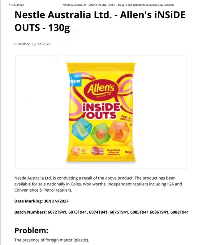 Thu hồi một số l&ocirc; kẹo Allen's iNSiDE OUTS do c&oacute; dị vật- Ảnh 1.