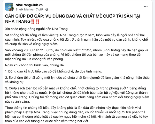 Công an xác minh thông tin dùng dao, chất mê cướp tài sản ở Nha Trang- Ảnh 1.