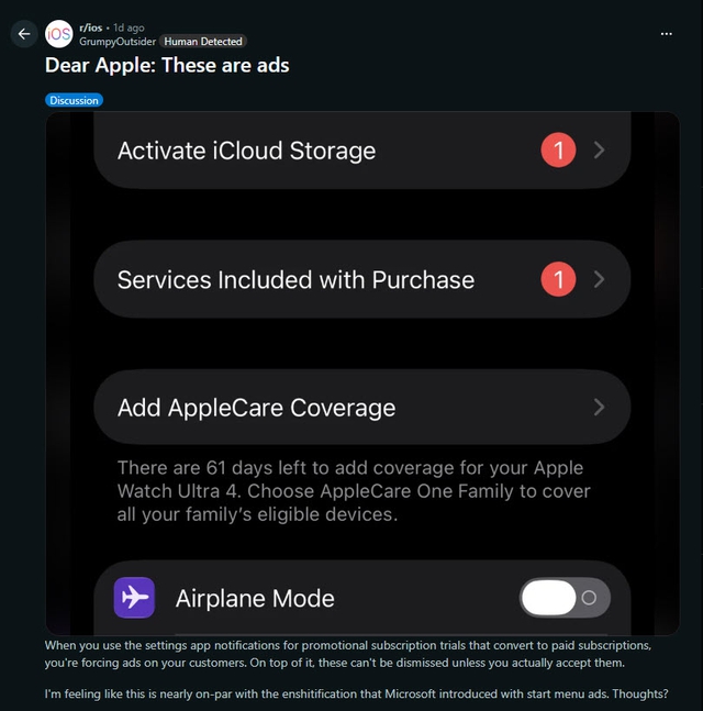 Người dùng phẫn nộ khi Apple chèn quảng cáo khó tắt lên iOS - Ảnh 1.