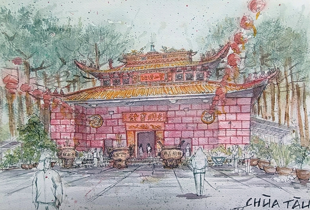 Góc ký họa: Bàn tự xoay kỳ lạ và tượng khổng lồ ở chùa Tàu Đà Lạt - Ảnh 2.