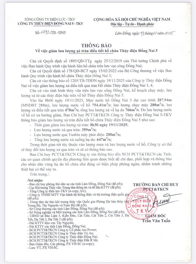 Thủy điện Đồng Nai 5 phản hồi khi x&atilde; n&oacute;i 'kh&ocirc;ng nhận được th&ocirc;ng b&aacute;o xả lũ'- Ảnh 3.