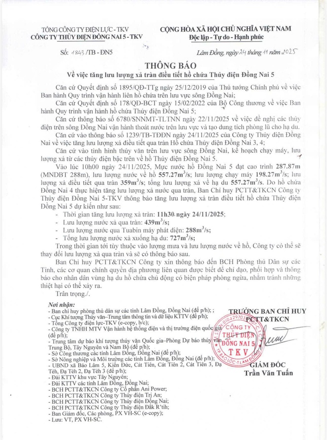 Thủy điện Đồng Nai 5 phản hồi khi x&atilde; n&oacute;i 'kh&ocirc;ng nhận được th&ocirc;ng b&aacute;o xả lũ'- Ảnh 2.