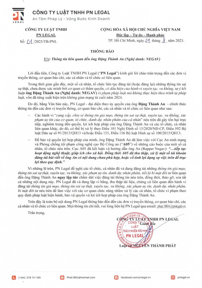 Cục An ninh mạng xác minh văn bản của công ty luật liên quan rapper Negav- Ảnh 3.