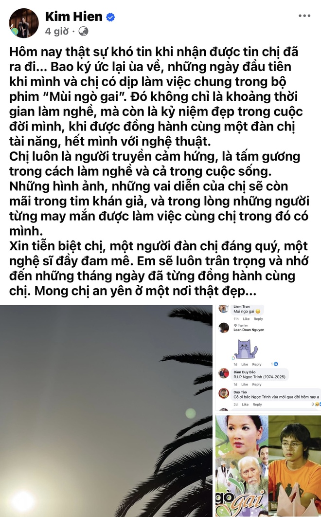 Kim Hiền 'Mùi ngò gai' nghẹn ngào viết lời tiễn biệt Ngọc Trinh- Ảnh 2. Kim Hiền 'Mùi ngò gai' nghẹn ngào viết lời tiễn biệt Ngọc Trinh - ảnh 2