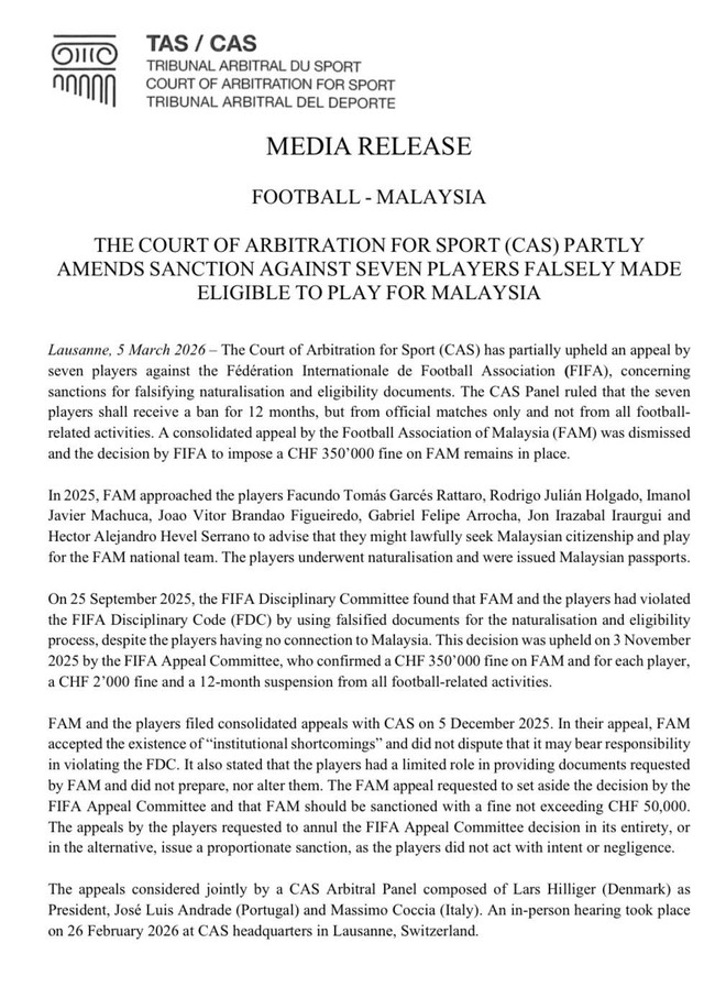 Truyền th&ocirc;ng khu vực: 'CAS chỉ thẳng Malaysia sai phạm nhập tịch, giờ đến tr&aacute;ch nhiệm của AFC&rsquo;- Ảnh 1.