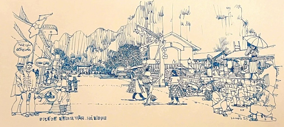 Phố cổ Đồng Văn - chợ đá và nhà trình tường- Ảnh 8. 7. Phố cổ Đồng Văn (Hà Giang), nằm lọt giữa bao quanh những vách đá. Vừa hoài cổ cô liêu…vừa ồn ào ríu rít hương cà phê, khói bếp quyện tiếng khèn - ký họa của KTS Trần Xuân Hồng