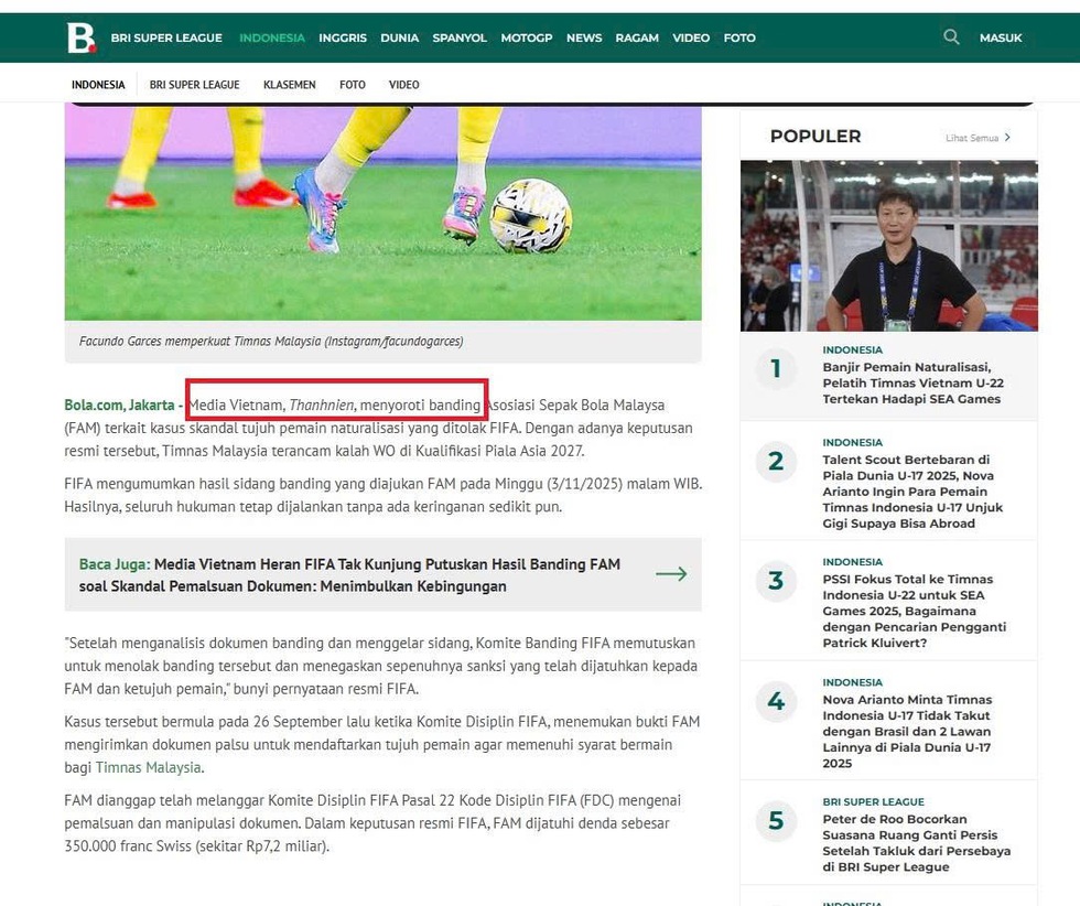 Báo Indonesia dẫn nguồn Thanh Niên đưa tin về phán quyết kháng cáo của FIFA đối với FAM- Ảnh 2.