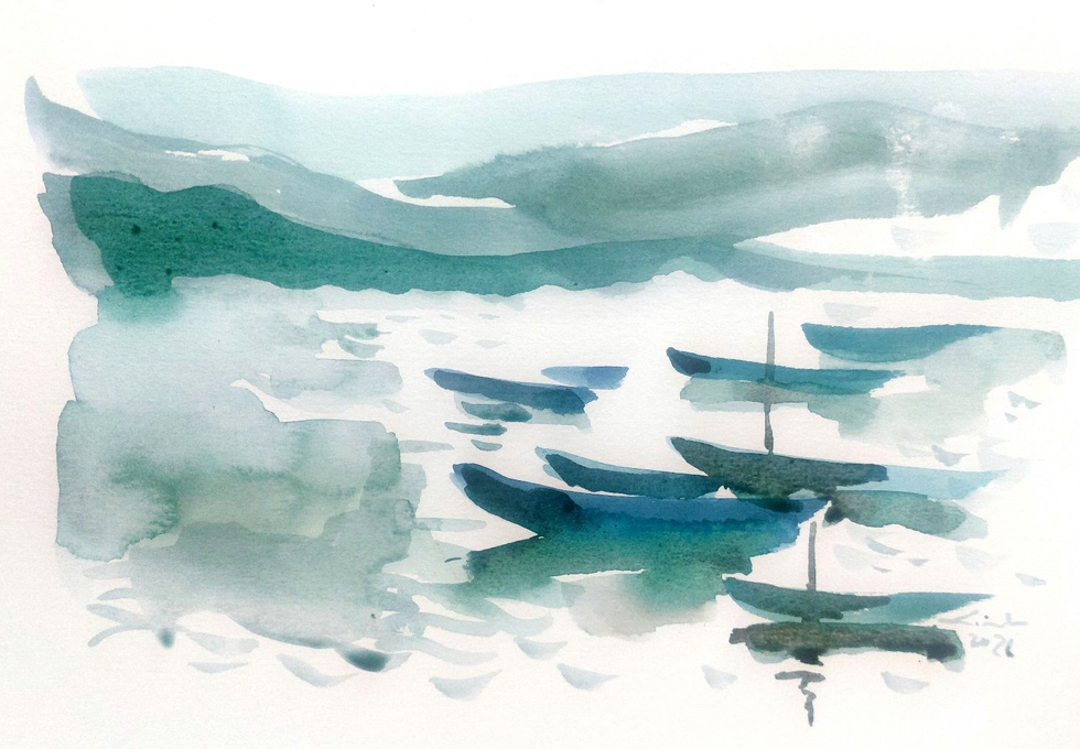 Buổi sáng mù sương trên hồ Ba Bể - ký họa của KTS Linh Hoàng