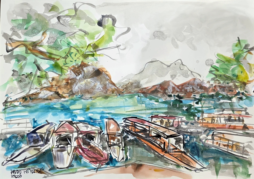 Bến thuyền tham quan hồ Ba Bể - ký họa của KTS Bùi Hoàng Bảo