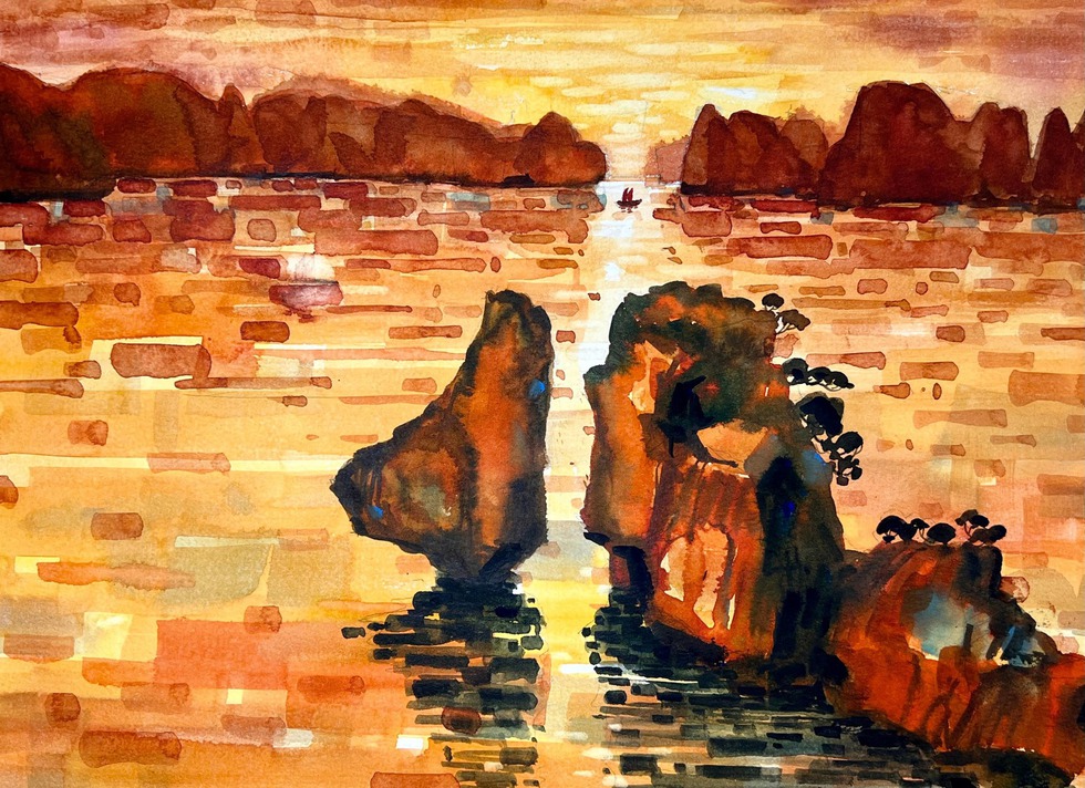 Hòn Trống-Mái trên Vịnh Hạ Long - ký họa của KTS Duy Huỳnh