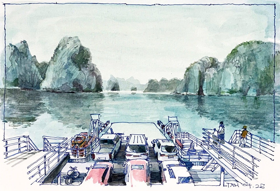 Phà Tuần Châu đi Cát Bà-Một trong những tuyến phà đẹp nhất vì đi qua Vịnh Hạ Long - ký họa của KTS Trần Xuân Hồng