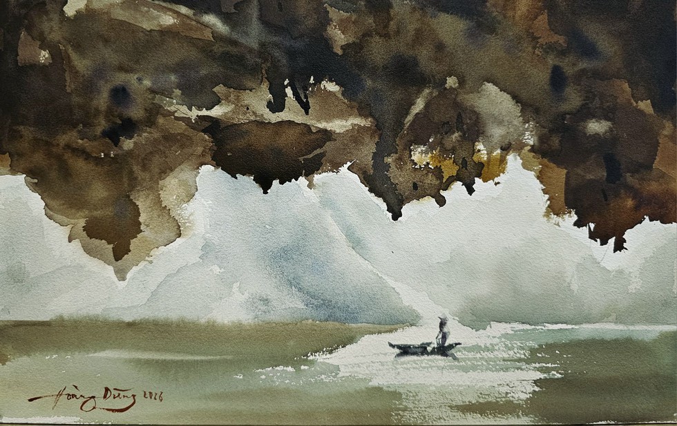 Những hòn đảo trong Vịnh Hạ Long được tạo thành từ đá vôi qua hàng trăm triệu năm - tranh của KTS Hoàng Dũng.