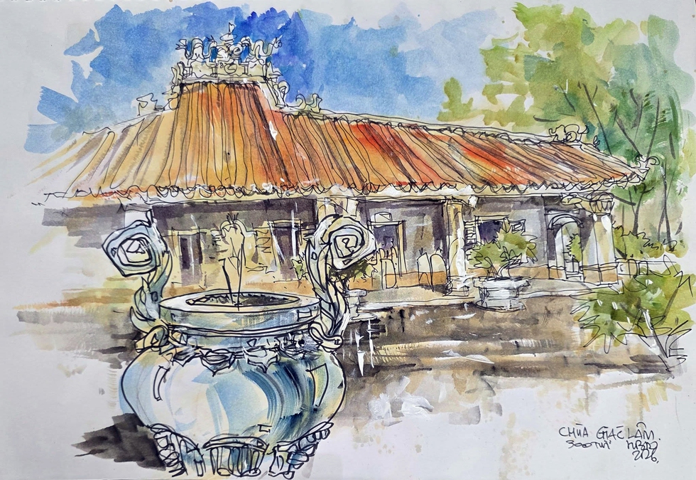 Chùa Giác Lâm đã gần 300 tuổi (xây dựng năm 1744) - ký họa của KTS Bùi Hoàng Bảo