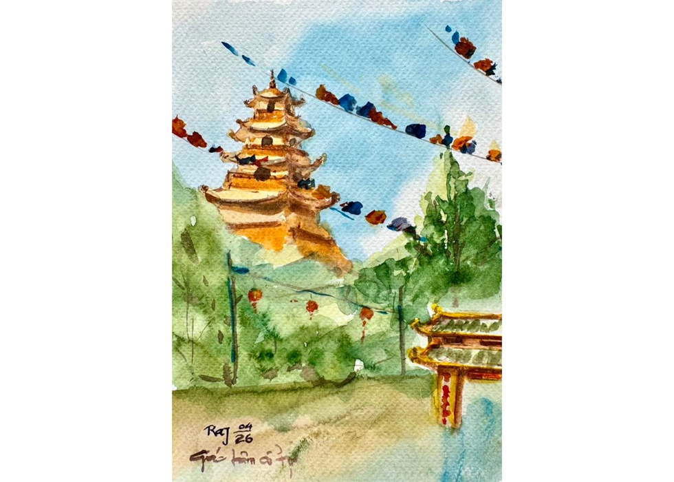 Tháp thờ xá lợi Phật 7 tầng, xây dựng từ năm 1970 - ký họa của KTS Hà Vũ