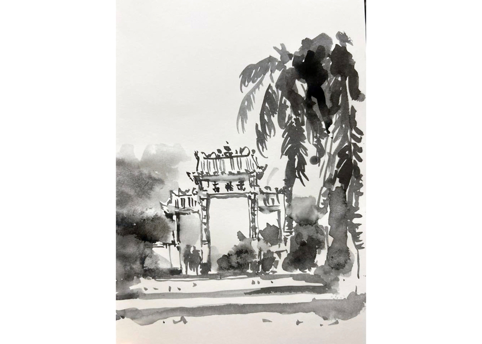 Cổng tam quan chùa Giác Lâm xây dựng năm 1955, gồm 3 lối, mái che lợp ngói và các đầu đao trang trí - ký họa của KTS Phan Đình Trung