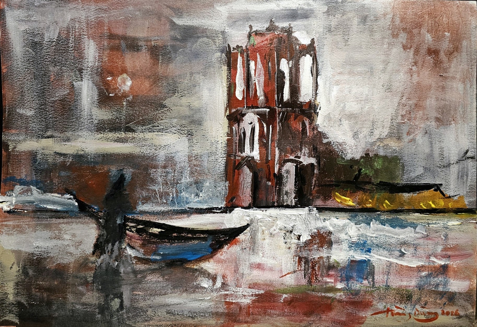 Nhà thờ đổ giữa đêm trăng - tranh của KTS Dũng Hoàng