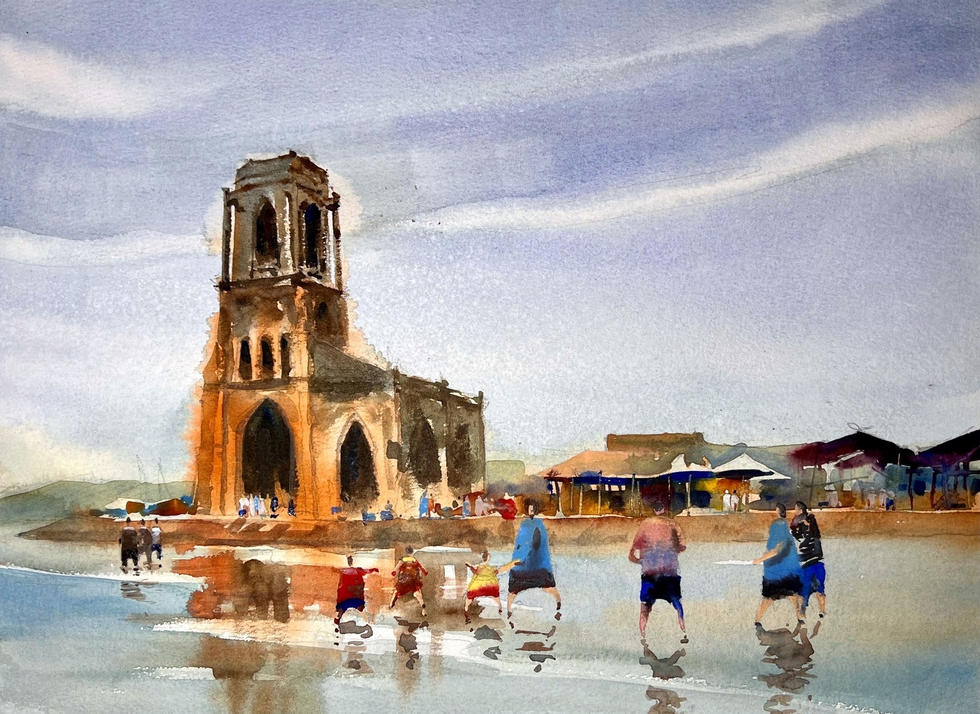 Du khách tìm đến Nhà thờ đổ rất đông - ký họa của KTS Duy Huỳnh