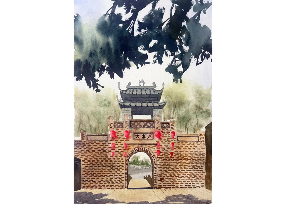 Mặt sau cổng làng có chữ "Thiểu Cao Đại" với mong muốn con cháu sau này vinh hiển, phát đạt - ký họa của SV Đoàn Thái Khang - Trường ĐH Xây Dựng