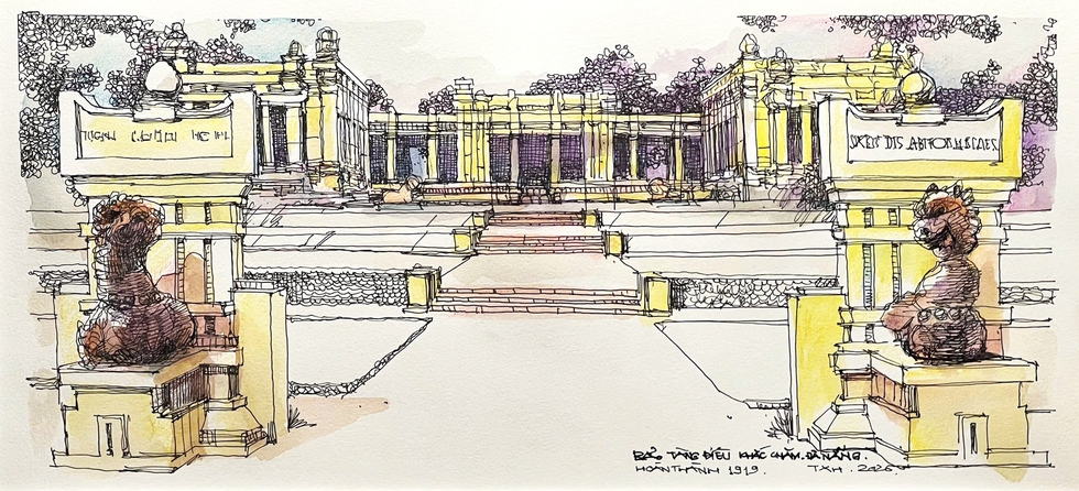 Vẽ lại theo tư liệu năm 1919. Nơi đây gắn liền với tên tuổi nhiều nhà khảo cổ Pháp đầu thế kỷ 20 - ký họa của KTS Trần Xuân Hồng
