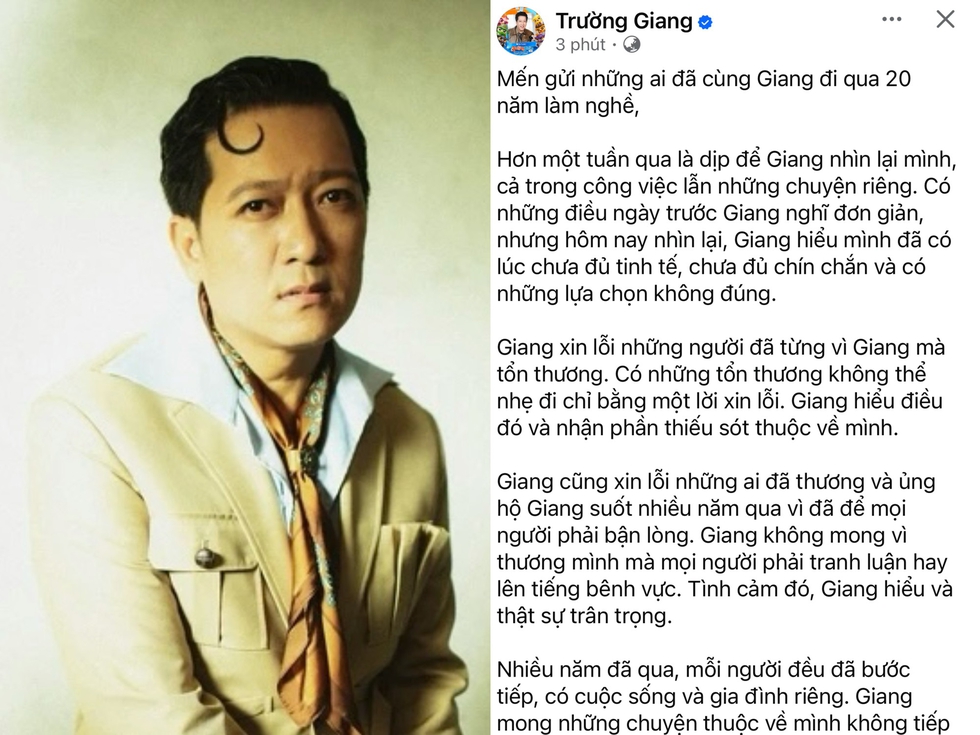 Trường Giang l&ecirc;n tiếng xin lỗi giữa l&ugrave;m x&ugrave;m g&acirc;y x&ocirc;n xao mạng x&atilde; hội- Ảnh 1.