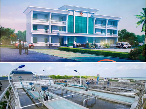 Mô hình tòa nhà trại giam (ảnh trên) và công trình xử lý nước thải phi pháp của Trung Quốc ở đảo Phú Lâm - Ảnh: Hinews.cn/Chinanews.com