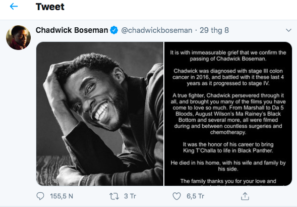 Dòng trạng thái thông báo Chadwick Boseman qua đời lập lịch sử Twitter