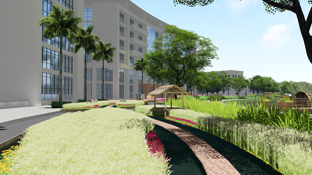 Những hình ảnh thân thuộc của miền sông nước như: vạt lúa nước, hồ sen, hồ cá… được tái hiện ngay trên cung đường Hồ Bán Nguyệt