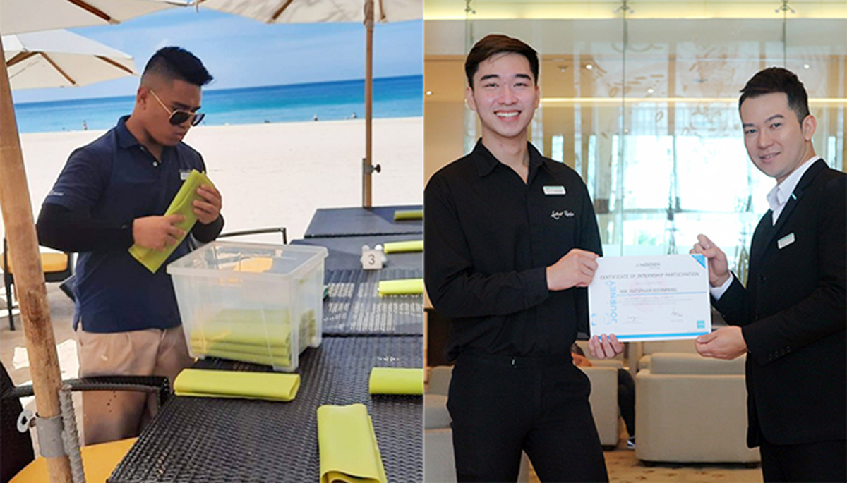 Sinh viên Nguyễn Chí Bão (ảnh trái) thực tập có lương tại Le Méridien Phuket Beach Resort, Thái Lan và Phạm Vũ Phong (đứng giữa của ảnh ghép) trải nghiệm môi trường làm việc đẳng cấp quốc tế tại Le Meridien Chiang Mai