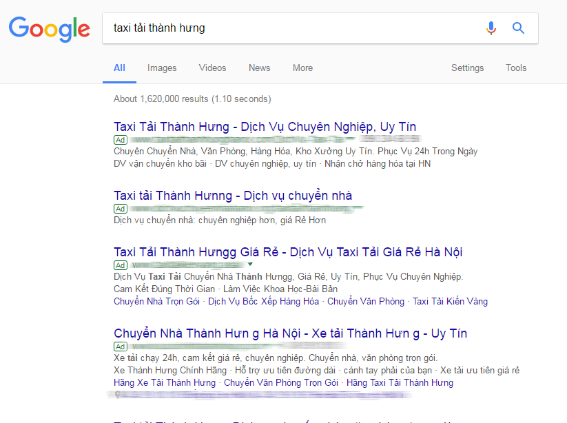 Ảnh chụp màn hình, toàn bộ quảng cáo cho từ khóa “taxi tải Thành Hưng” đều là giả mạo