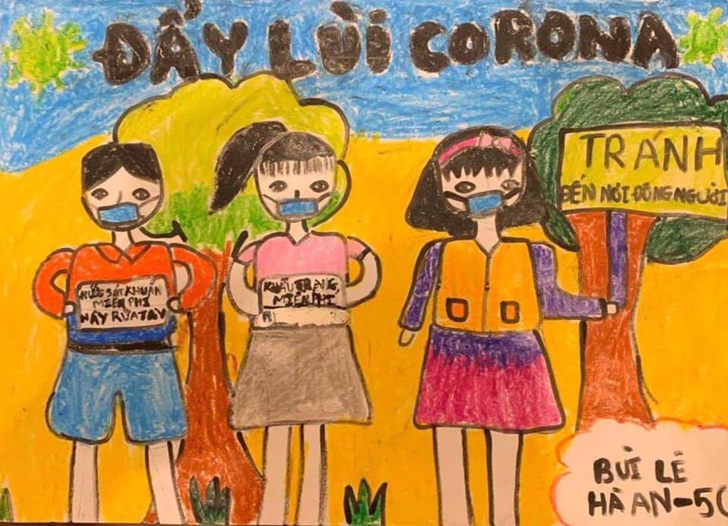 Học sinh tiểu học vẽ tranh, thuyết trình tuyên truyền chống dịch Covid-19