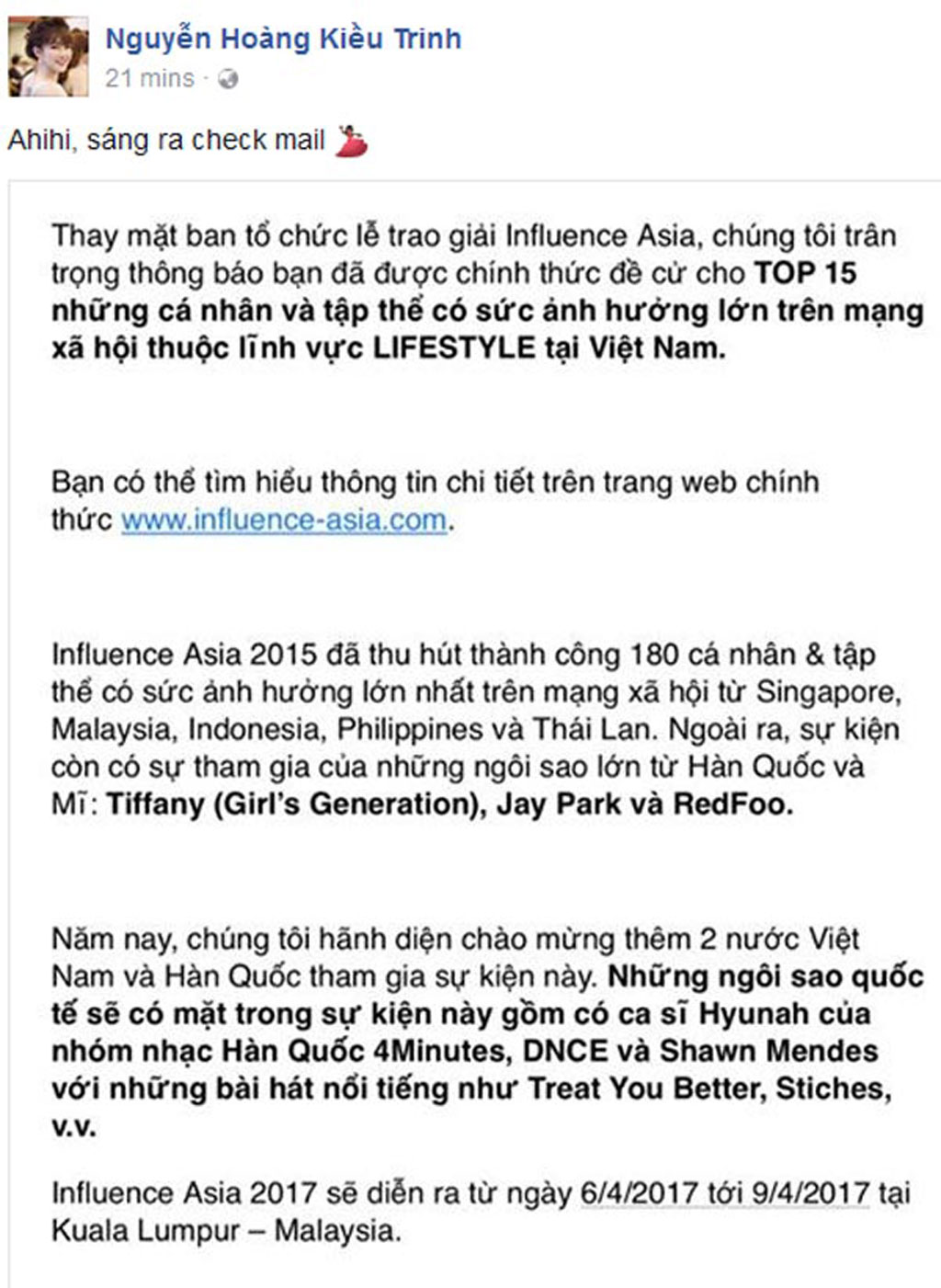 Hotgirl Kiều Trinh: ‘Tôi tự hào khi lọt Top đề cử trao giải Influence Asia 2017’ 2
