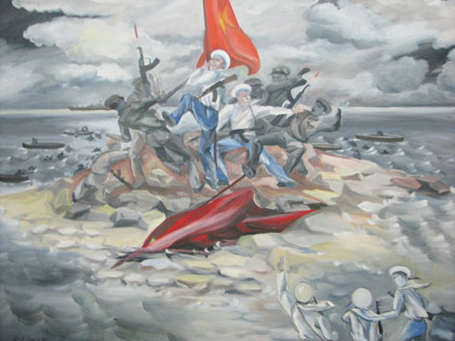  Bức vẽ lại cảnh bộ đội ta giữ cờ trên đảo Gạc Ma