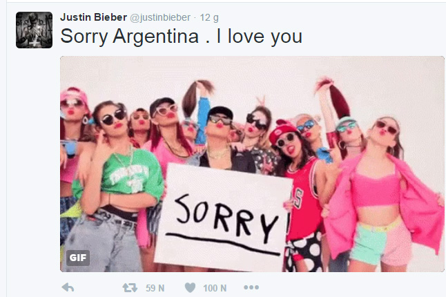 Nam ca sĩ gửi lời xin lỗi đến người hâm mộ Argentina trên Twitter Ảnh: chụp màn hình