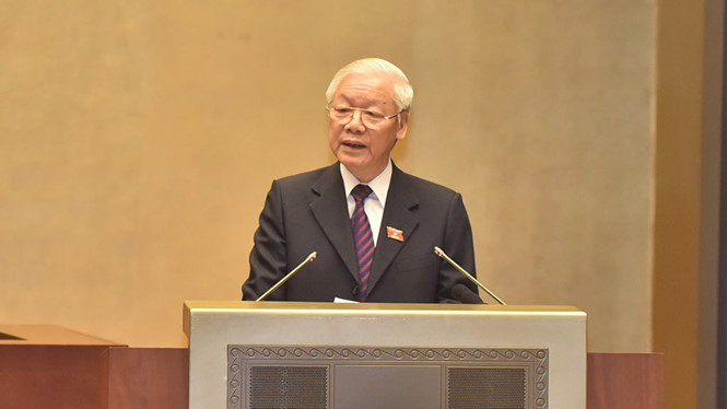 Tổng bí thư, Chủ tịch nước Nguyễn Phú Trọng trình bày tờ trình về việc phê chuẩn Hiệp định CPTPP Ảnh: Gia Hân