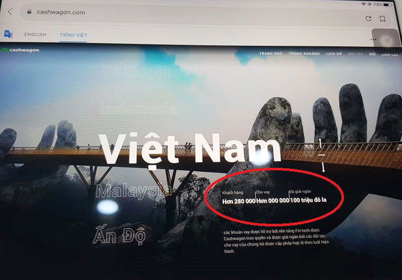 Thông tin về số khách hàng, số tiền giải ngân trên website được cho của Cashwagon Ảnh: Thanh Niên
