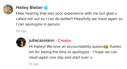  Hailey Baldwin xin lỗi Julia Carolan sau khi biết được bản thân đã làm người khác khó chịu. Ảnh: chụp màn hình